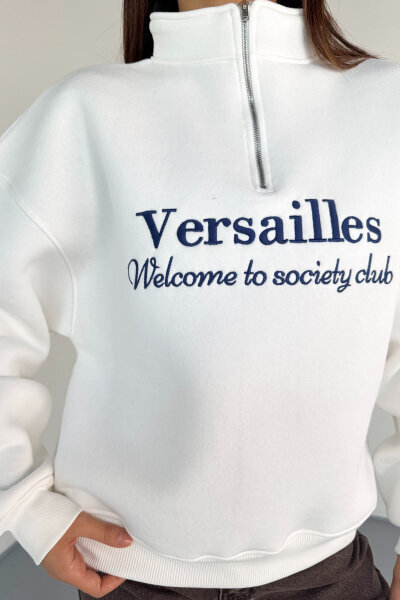 SWT-1715 Beyaz Versailles Baskılı Yarım Fermuarlı Yüksek Yaka Sweatshirt - 2