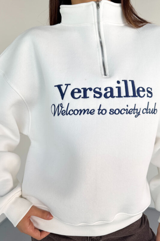 SWT-1715 Beyaz Versailles Baskılı Yarım Fermuarlı Yüksek Yaka Sweatshirt - 2