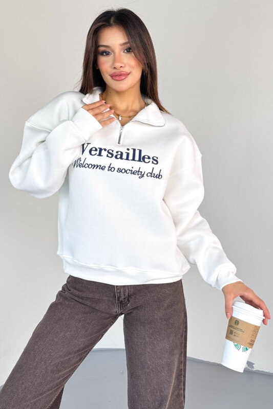 SWT-1715 Beyaz Versailles Baskılı Yarım Fermuarlı Yüksek Yaka Sweatshirt - 5