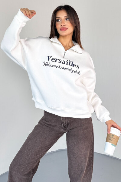 SWT-1715 Beyaz Versailles Baskılı Yarım Fermuarlı Yüksek Yaka Sweatshirt - 6