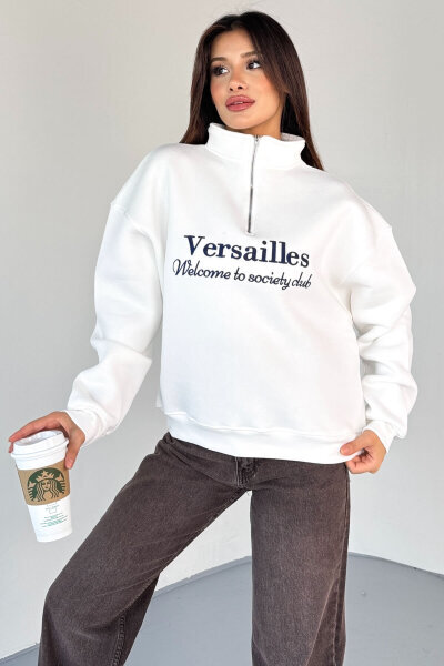 SWT-1715 Beyaz Versailles Baskılı Yarım Fermuarlı Yüksek Yaka Sweatshirt - 7