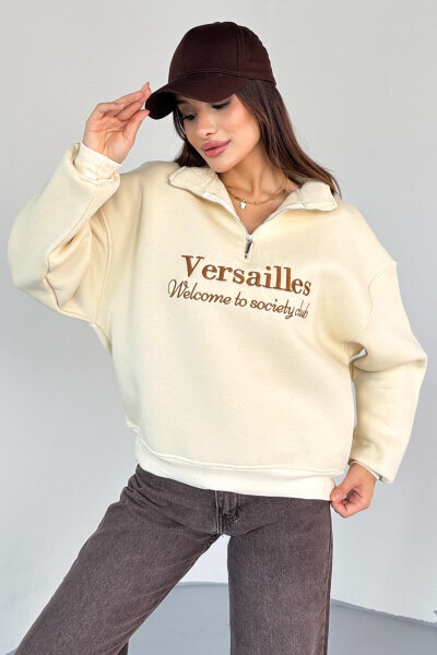 SWT-1715 Krem Versailles Baskılı Yarım Fermuarlı Yüksek Yaka Sweatshirt 