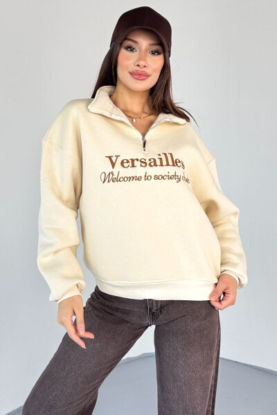 SWT-1715 Krem Versailles Baskılı Yarım Fermuarlı Yüksek Yaka Sweatshirt - 4