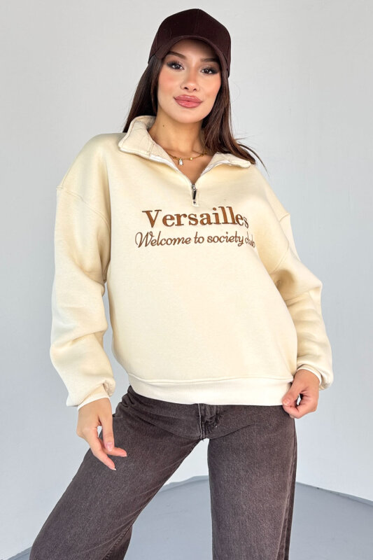 SWT-1715 Krem Versailles Baskılı Yarım Fermuarlı Yüksek Yaka Sweatshirt - 4