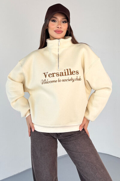 SWT-1715 Krem Versailles Baskılı Yarım Fermuarlı Yüksek Yaka Sweatshirt - 5