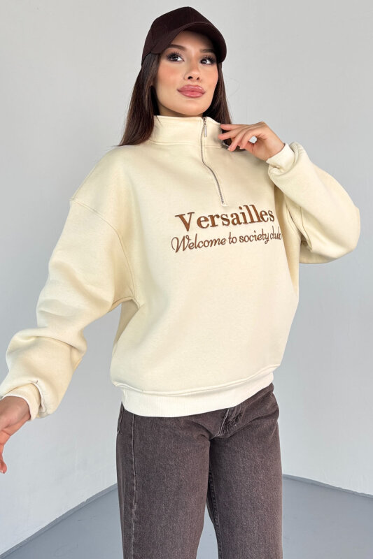 SWT-1715 Krem Versailles Baskılı Yarım Fermuarlı Yüksek Yaka Sweatshirt - 6