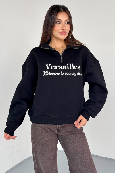 SWT-1715 Siyah Versailles Baskılı Yarım Fermuarlı Yüksek Yaka Sweatshirt - 2