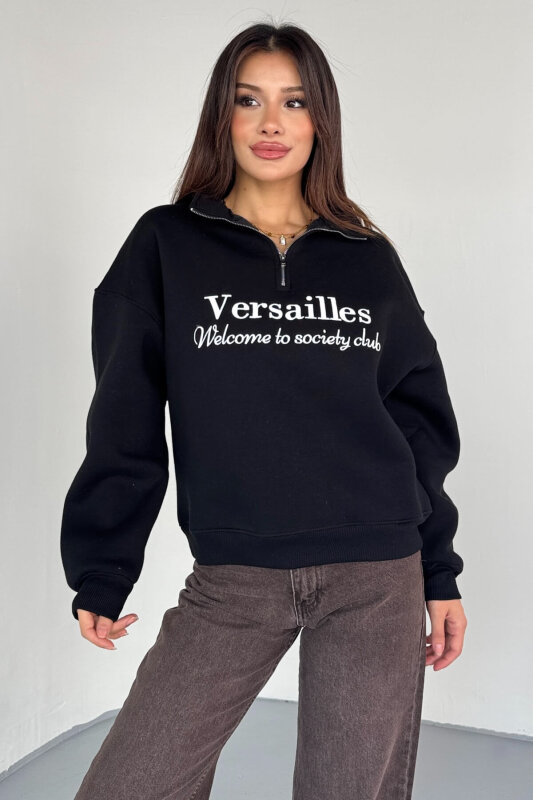SWT-1715 Siyah Versailles Baskılı Yarım Fermuarlı Yüksek Yaka Sweatshirt - 3