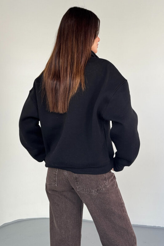 SWT-1715 Siyah Versailles Baskılı Yarım Fermuarlı Yüksek Yaka Sweatshirt - 4