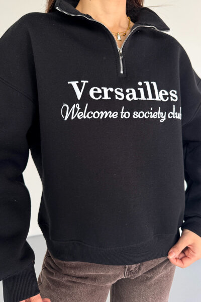 SWT-1715 Siyah Versailles Baskılı Yarım Fermuarlı Yüksek Yaka Sweatshirt - 5