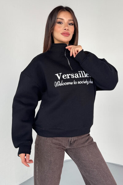 SWT-1715 Siyah Versailles Baskılı Yarım Fermuarlı Yüksek Yaka Sweatshirt 