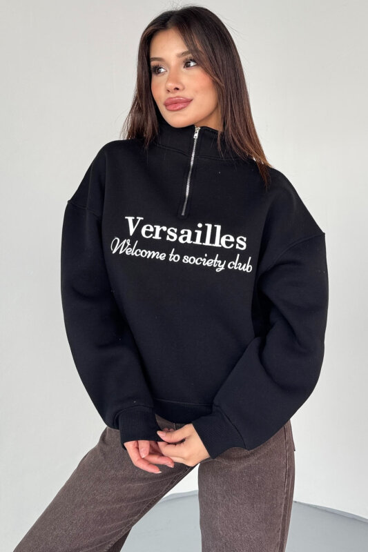 SWT-1715 Siyah Versailles Baskılı Yarım Fermuarlı Yüksek Yaka Sweatshirt - 6