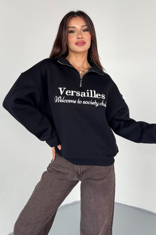 SWT-1715 Siyah Versailles Baskılı Yarım Fermuarlı Yüksek Yaka Sweatshirt - 7