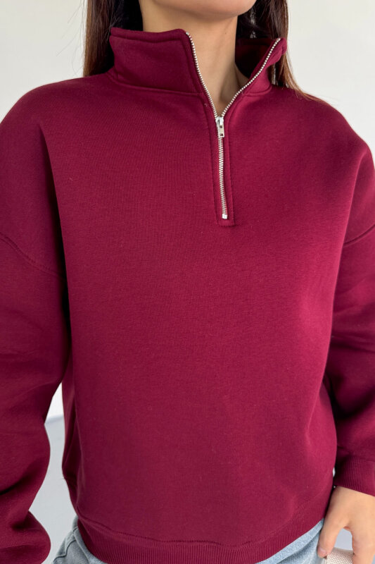 SWT-1870 Bordo Yarım Fermuarlı Yüksek Yaka Basic Sweatshirt - 2