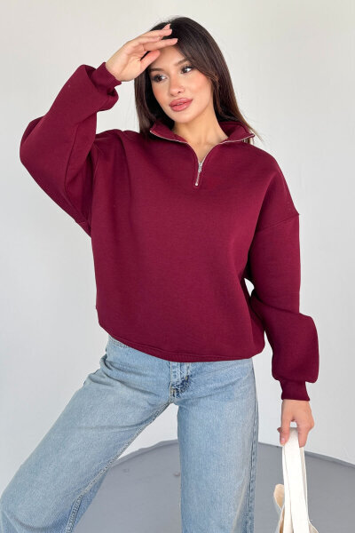 SWT-1870 Bordo Yarım Fermuarlı Yüksek Yaka Basic Sweatshirt 