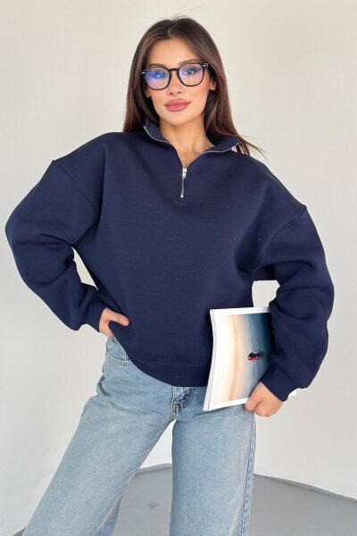 SWT-1870 Lacivert Yarım Fermuarlı Yüksek Yaka Basic Sweatshirt - 2