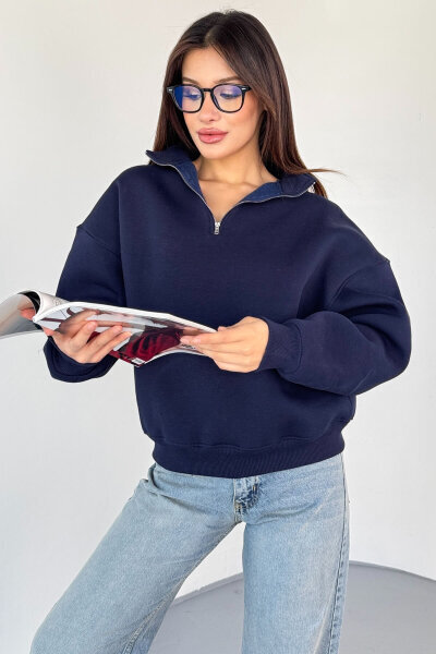 SWT-1870 Lacivert Yarım Fermuarlı Yüksek Yaka Basic Sweatshirt 