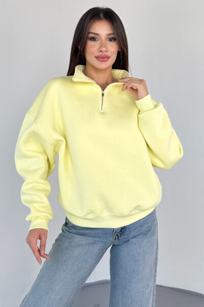 SWT-1870 Sarı Yarım Fermuarlı Yüksek Yaka Basic Sweatshirt 