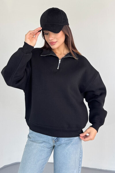 SWT-1870 Siyah Yarım Fermuarlı Yüksek Yaka Basic Sweatshirt 