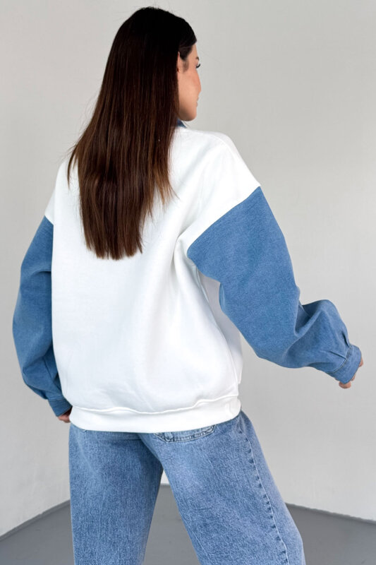 SWT-1872 Beyaz Bench Nakışlı Denim Yaka ve Kol Detaylı Sweatshirt - 3