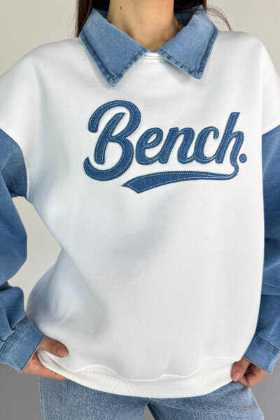 SWT-1872 Beyaz Bench Nakışlı Denim Yaka ve Kol Detaylı Sweatshirt - 4