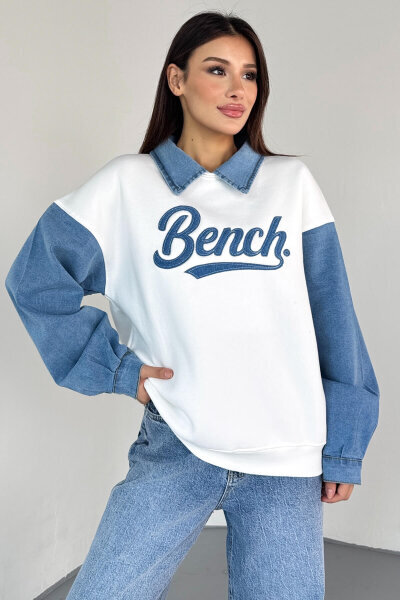 SWT-1872 Beyaz Bench Nakışlı Denim Yaka ve Kol Detaylı Sweatshirt - 5