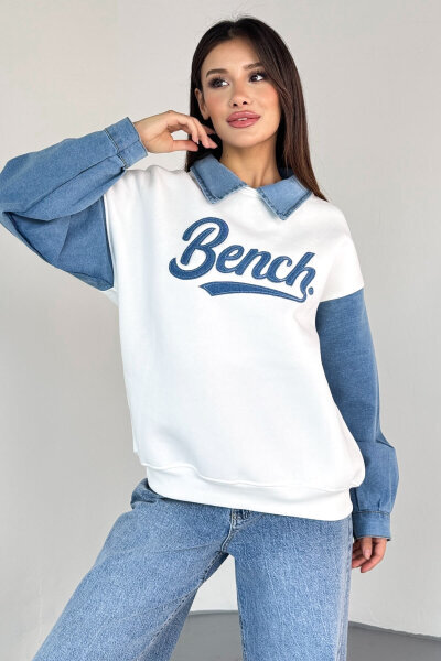 SWT-1872 Beyaz Bench Nakışlı Denim Yaka ve Kol Detaylı Sweatshirt 