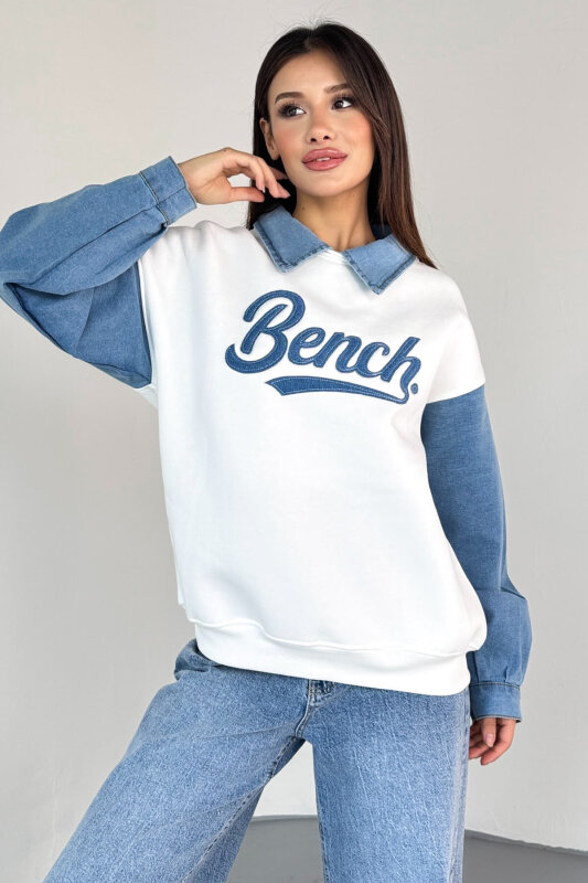 SWT-1872 Beyaz Bench Nakışlı Denim Yaka ve Kol Detaylı Sweatshirt - 1