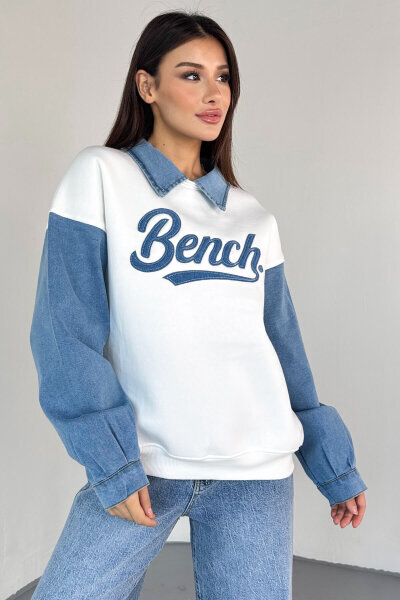 SWT-1872 Beyaz Bench Nakışlı Denim Yaka ve Kol Detaylı Sweatshirt - 6