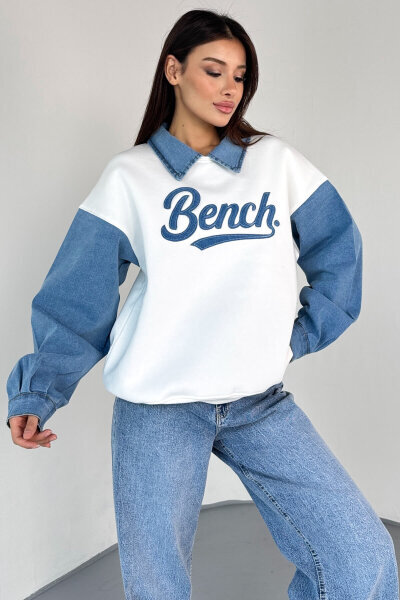 SWT-1872 Beyaz Bench Nakışlı Denim Yaka ve Kol Detaylı Sweatshirt - 2