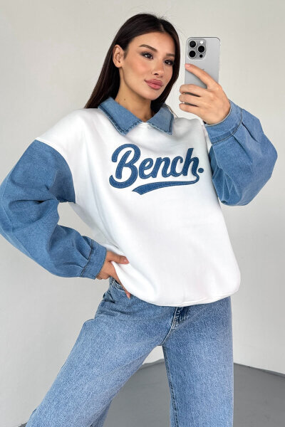 SWT-1872 Beyaz Bench Nakışlı Denim Yaka ve Kol Detaylı Sweatshirt - 7