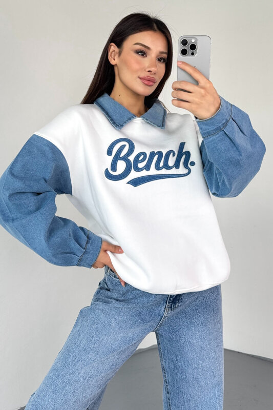 SWT-1872 Beyaz Bench Nakışlı Denim Yaka ve Kol Detaylı Sweatshirt - 7