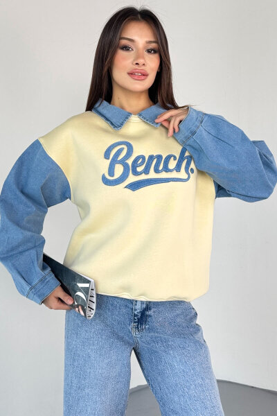 SWT-1872 Krem Bench Nakışlı Denim Yaka ve Kol Detaylı Sweatshirt 