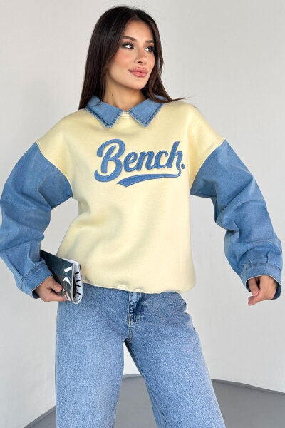 SWT-1872 Krem Bench Nakışlı Denim Yaka ve Kol Detaylı Sweatshirt - 3