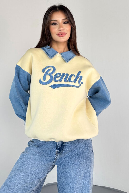 SWT-1872 Krem Bench Nakışlı Denim Yaka ve Kol Detaylı Sweatshirt - 2