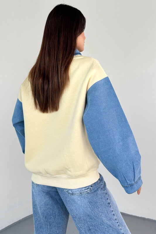 SWT-1872 Krem Bench Nakışlı Denim Yaka ve Kol Detaylı Sweatshirt - 4