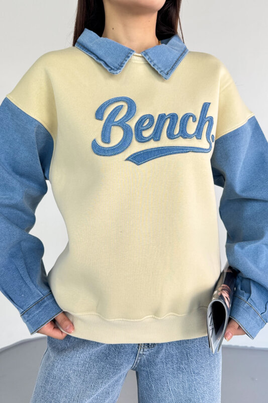 SWT-1872 Krem Bench Nakışlı Denim Yaka ve Kol Detaylı Sweatshirt - 5