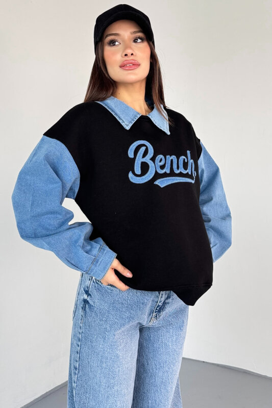 SWT-1872 Siyah Bench Nakışlı Denim Yaka ve Kol Detaylı Sweatshirt - 2