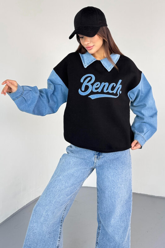 SWT-1872 Siyah Bench Nakışlı Denim Yaka ve Kol Detaylı Sweatshirt - 3