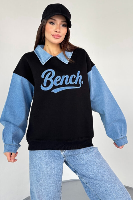 SWT-1872 Siyah Bench Nakışlı Denim Yaka ve Kol Detaylı Sweatshirt - 4