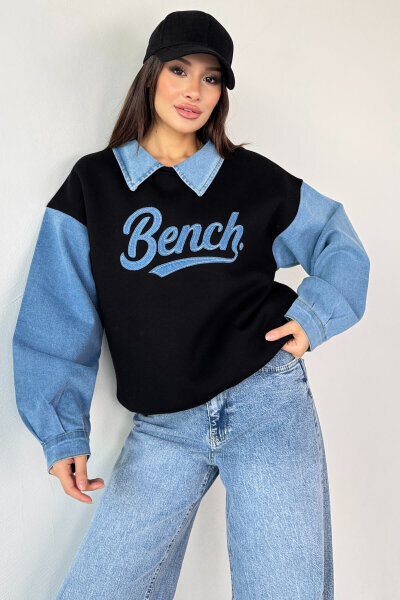 SWT-1872 Siyah Bench Nakışlı Denim Yaka ve Kol Detaylı Sweatshirt - 1