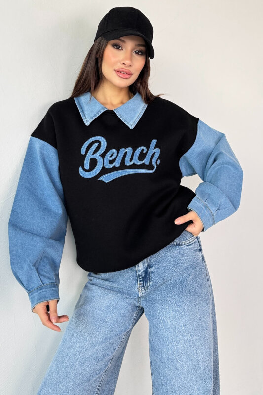 SWT-1872 Siyah Bench Nakışlı Denim Yaka ve Kol Detaylı Sweatshirt - 1