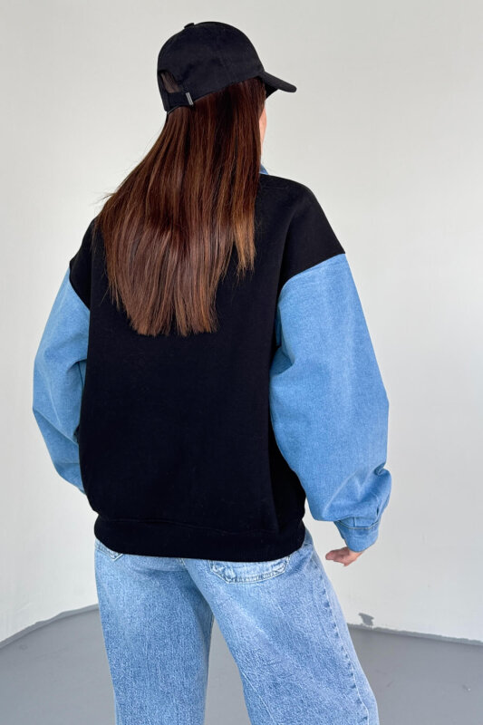 SWT-1872 Siyah Bench Nakışlı Denim Yaka ve Kol Detaylı Sweatshirt - 5