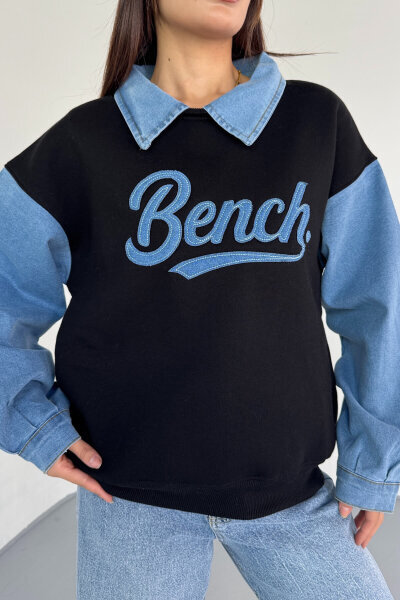 SWT-1872 Siyah Bench Nakışlı Denim Yaka ve Kol Detaylı Sweatshirt - 6