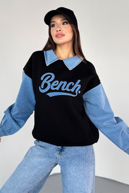 SWT-1872 Siyah Bench Nakışlı Denim Yaka ve Kol Detaylı Sweatshirt - 7