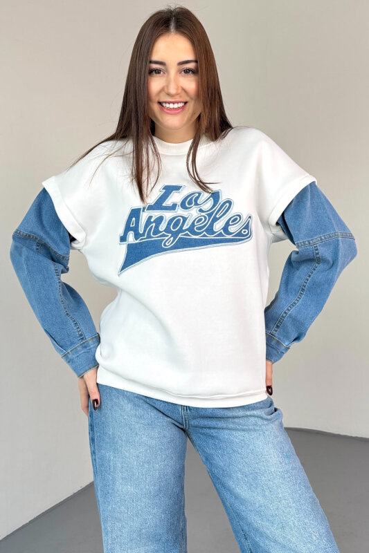 SWT-1873 Beyaz Los Angeles Baskılı Denim Kol Detaylı Sweatshirt - 2