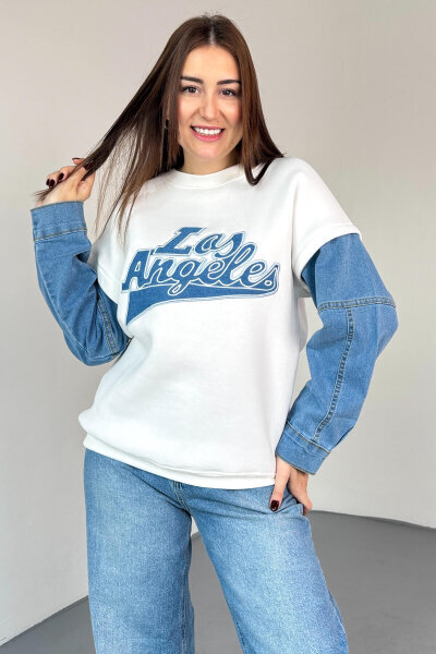 SWT-1873 Beyaz Los Angeles Baskılı Denim Kol Detaylı Sweatshirt 