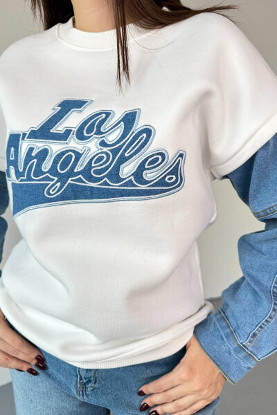 SWT-1873 Beyaz Los Angeles Baskılı Denim Kol Detaylı Sweatshirt - 3