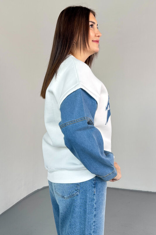 SWT-1873 Beyaz Los Angeles Baskılı Denim Kol Detaylı Sweatshirt - 4