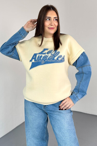 SWT-1873 Krem Los Angeles Baskılı Denim Kol Detaylı Sweatshirt - 2